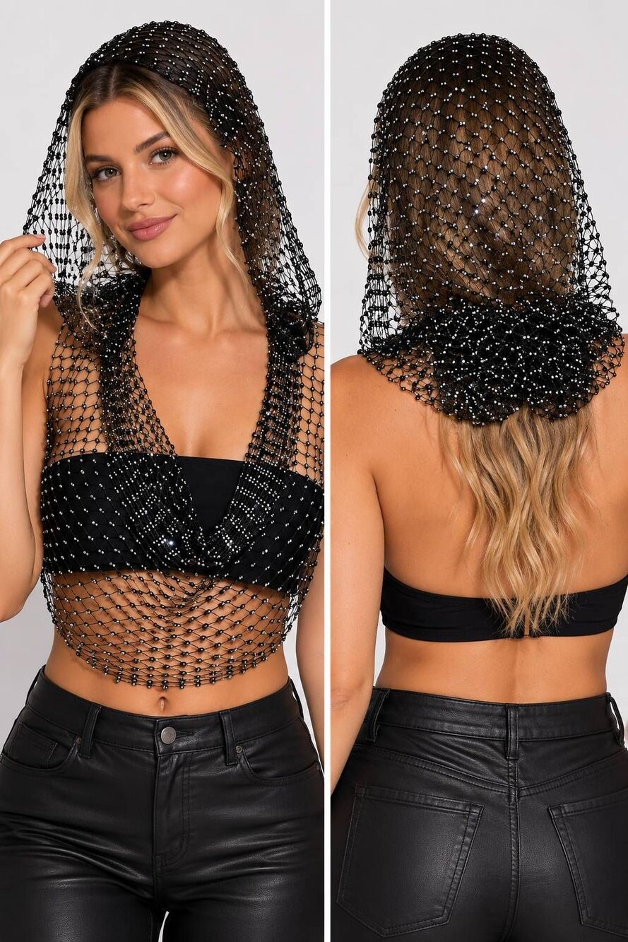 Black Rhinestone Mesh Hood Scarf Beaded Crystal Headpiece Festival Party Y2K